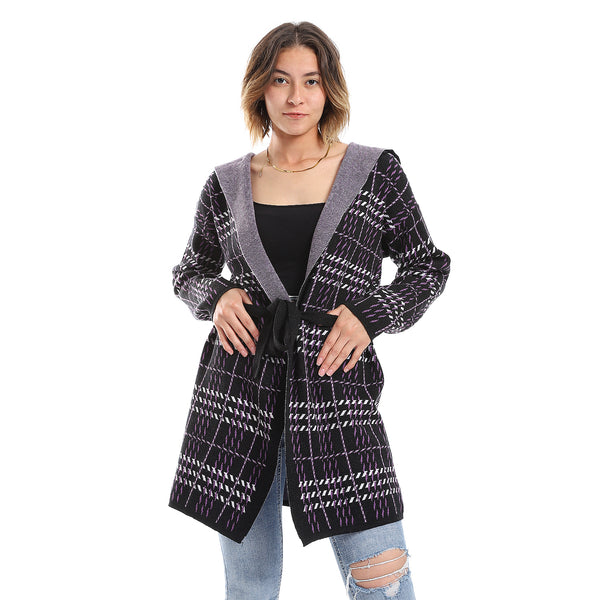 Houndstooth Hooded Black, White & Purple Long Open Cardigan