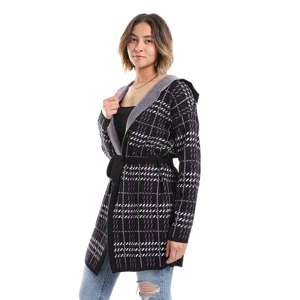 Houndstooth Hooded Black, White & Purple Long Open Cardigan