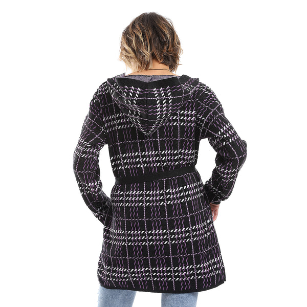 Houndstooth Hooded Black, White & Purple Long Open Cardigan