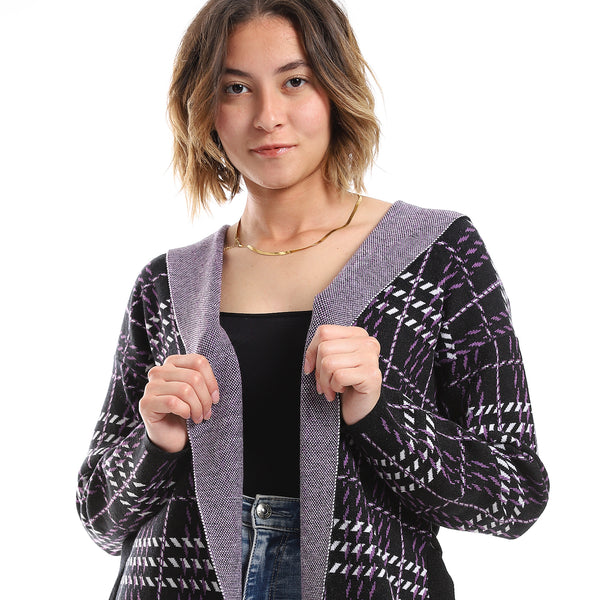 Houndstooth Hooded Black, White & Purple Long Open Cardigan