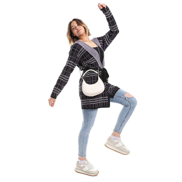 Houndstooth Hooded Black, White & Purple Long Open Cardigan
