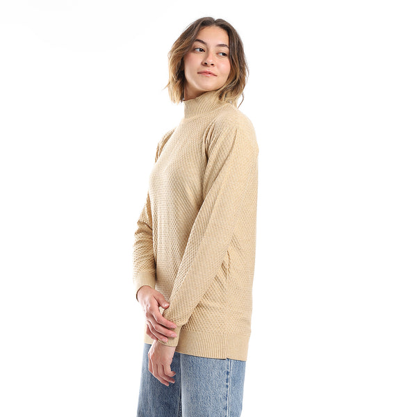 French Beige Mock Turtle Neck Self Pullover