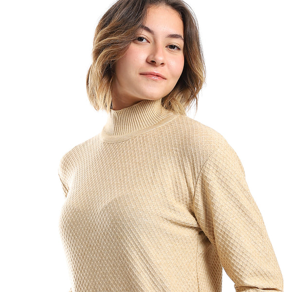 French Beige Mock Turtle Neck Self Pullover