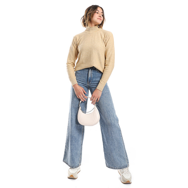 French Beige Mock Turtle Neck Self Pullover