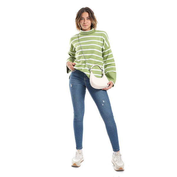 Seafoam Green & White Bell Long Sleeves Stripped Pullover