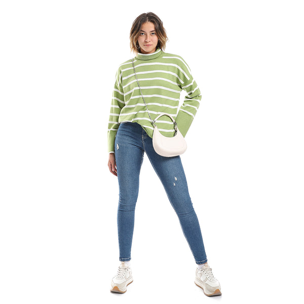 Seafoam Green & White Bell Long Sleeves Stripped Pullover