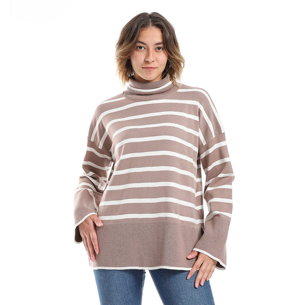 Striped Turtle Oversized Pullover - Cafe & White