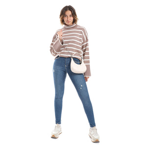 Striped Turtle Oversized Pullover - Cafe & White