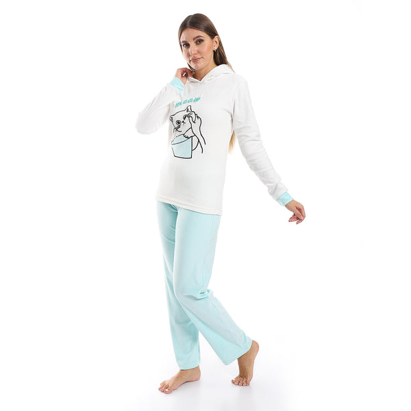 Mint Green & Whte Stitched Hooded Pajama Set