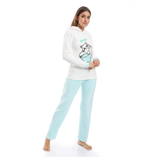 Mint Green & Whte Stitched Hooded Pajama Set