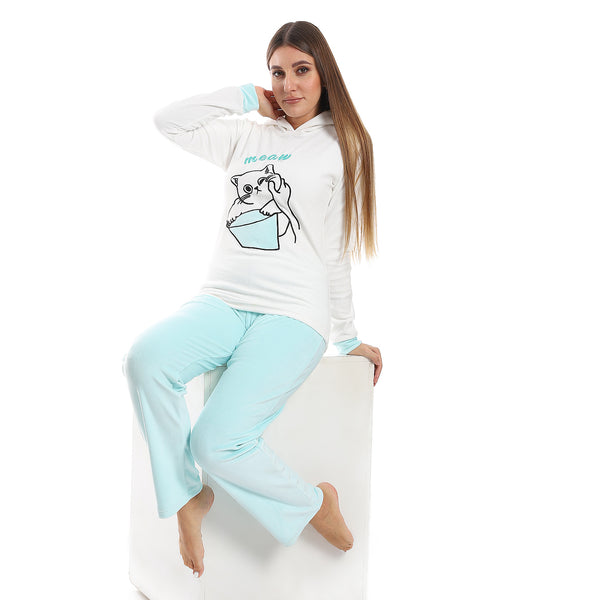 Mint Green & Whte Stitched Hooded Pajama Set