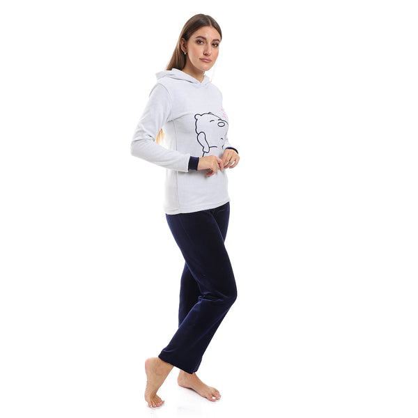 Cloud Grey & Navy Blue Stitched Hooded Pajama Set