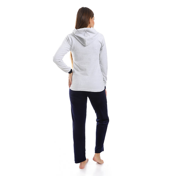 Cloud Grey & Navy Blue Stitched Hooded Pajama Set