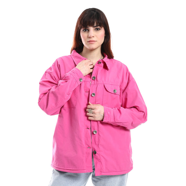Buttons Down Closure Long Sleeves Jacket - Fuchsia