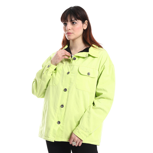 Buttons Down Closure Long Sleeves Jacket - Lime Green