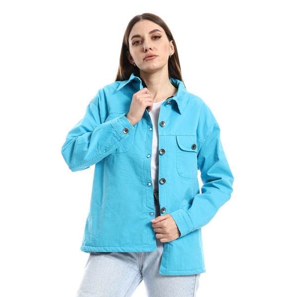 Inner Fur Lined Gabardine Sky Blue Casual Jacket