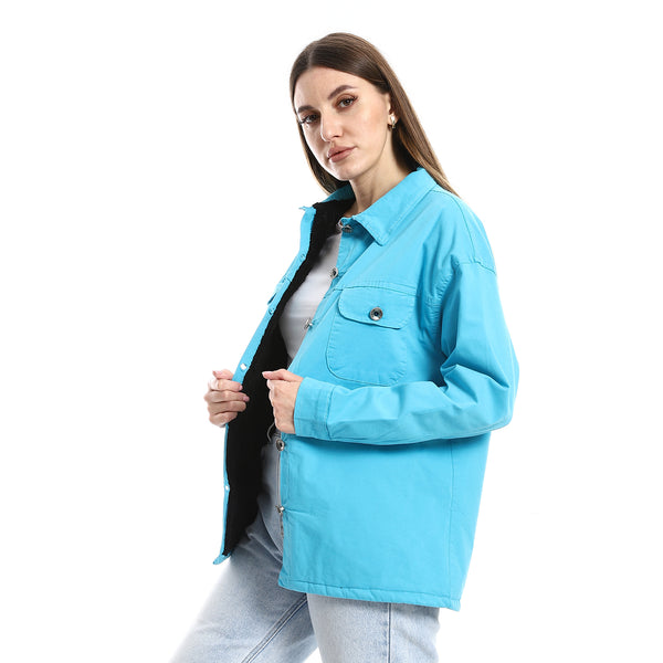 Inner Fur Lined Gabardine Sky Blue Casual Jacket