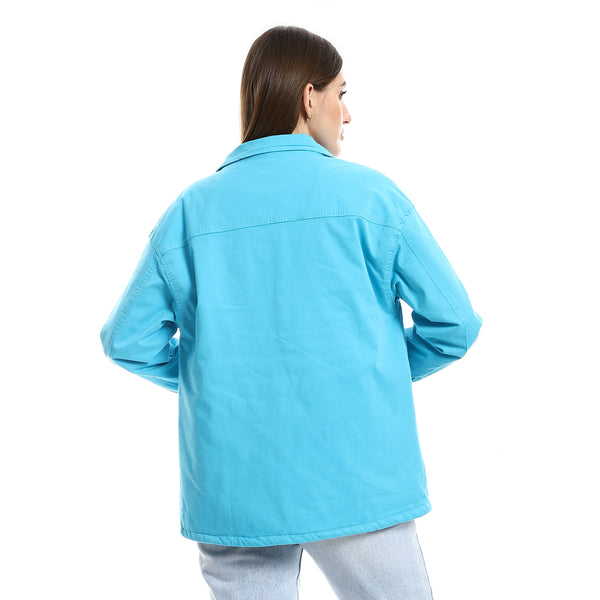 Inner Fur Lined Gabardine Sky Blue Casual Jacket