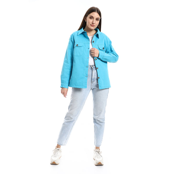 Inner Fur Lined Gabardine Sky Blue Casual Jacket