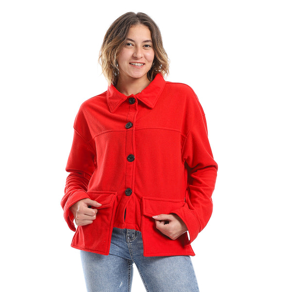 Plain Fleeced Candy Red Buttons Light Jacket