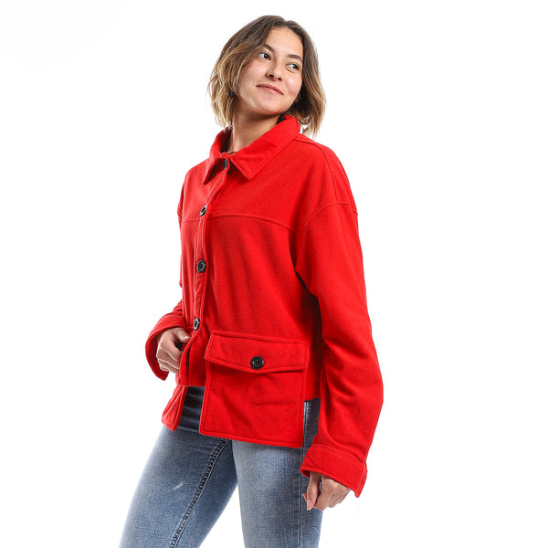 Plain Fleeced Candy Red Buttons Light Jacket