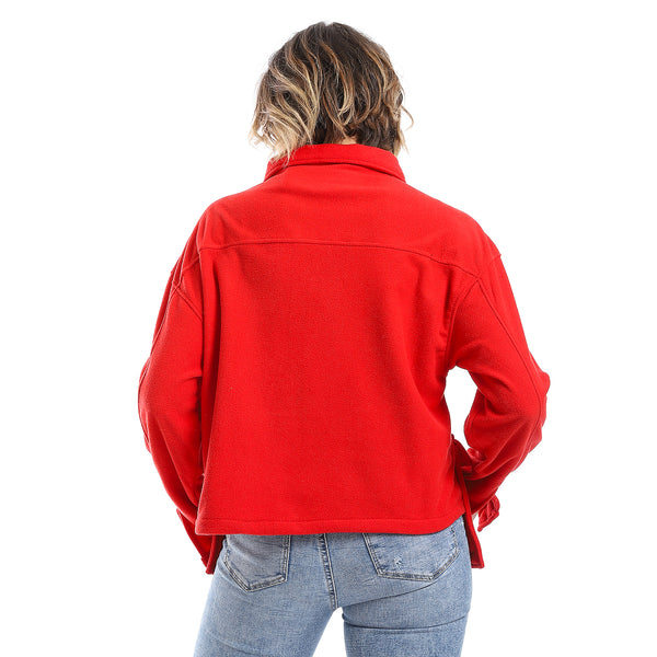 Plain Fleeced Candy Red Buttons Light Jacket