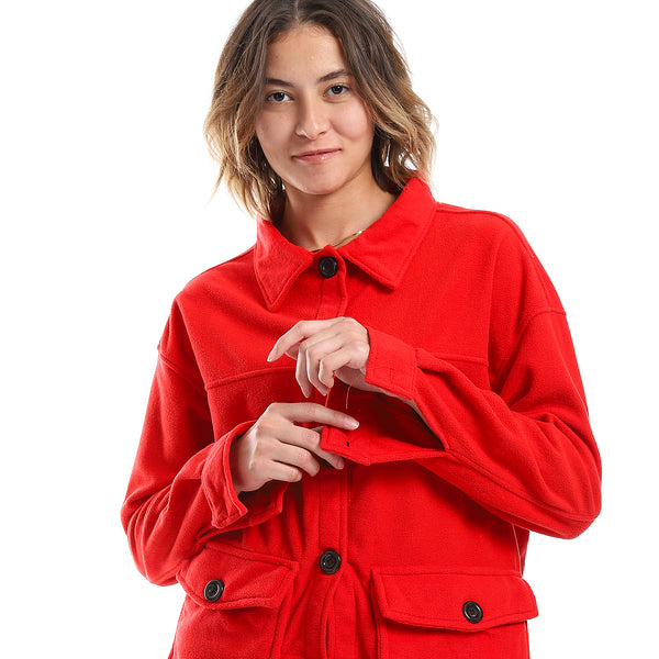 Plain Fleeced Candy Red Buttons Light Jacket