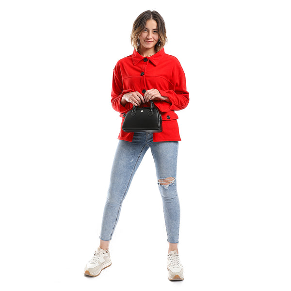 Plain Fleeced Candy Red Buttons Light Jacket