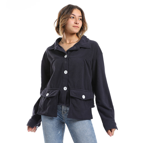 Plain Fleeced Navy Blue Buttons Light Jacket