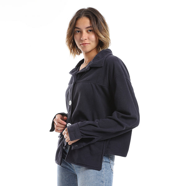 Plain Fleeced Navy Blue Buttons Light Jacket