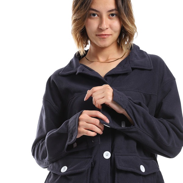 Plain Fleeced Navy Blue Buttons Light Jacket