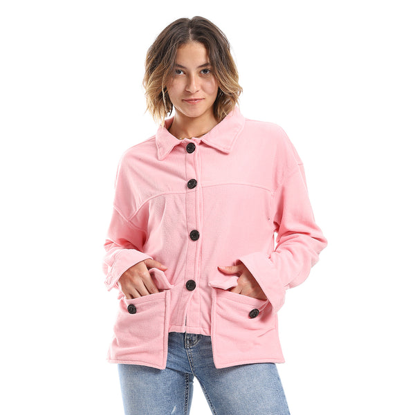 Plain Fleeced Pink Buttons Light Jacket