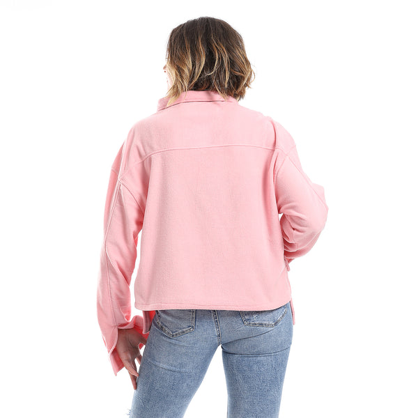 Plain Fleeced Pink Buttons Light Jacket