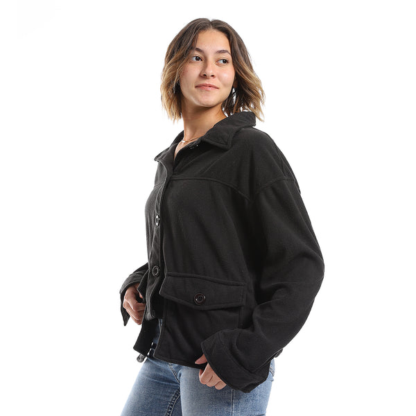 Plain Fleeced Black Buttons Light Jacket