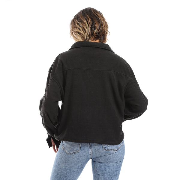 Plain Fleeced Black Buttons Light Jacket