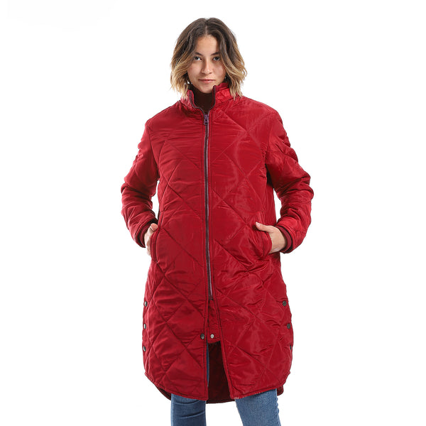 Cherry Red Plain Zipper Waterproof Puffer Jacket