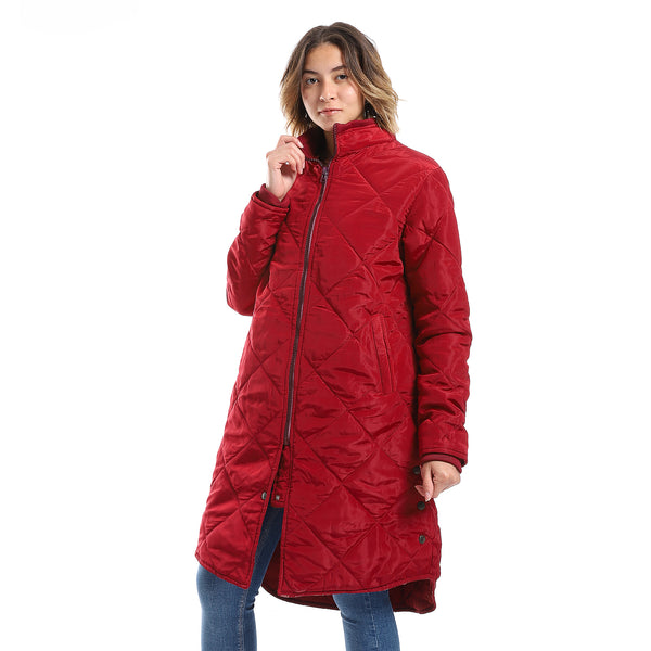 Cherry Red Plain Zipper Waterproof Puffer Jacket