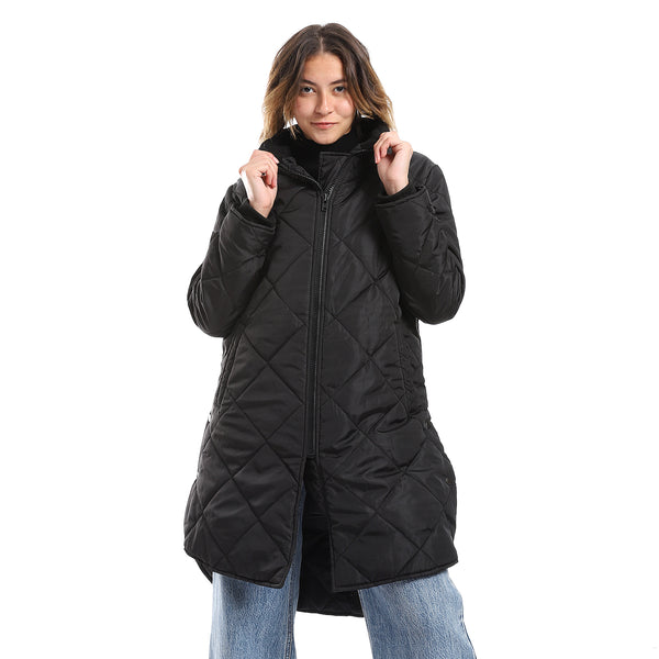 Black Plain Zipper Waterproof Puffer Jacket