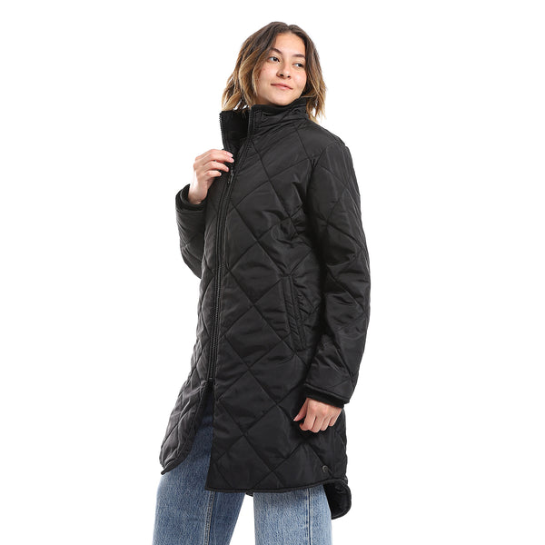 Black Plain Zipper Waterproof Puffer Jacket