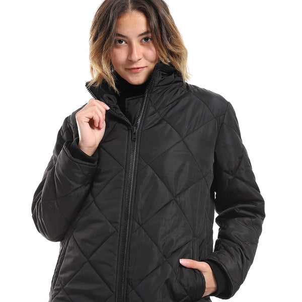 Black Plain Zipper Waterproof Puffer Jacket