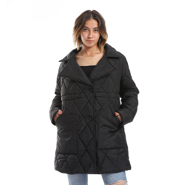 Double Breasted Button Plain Black Puffer Jacket