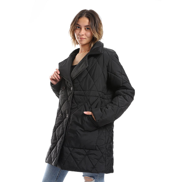 Double Breasted Button Plain Black Puffer Jacket