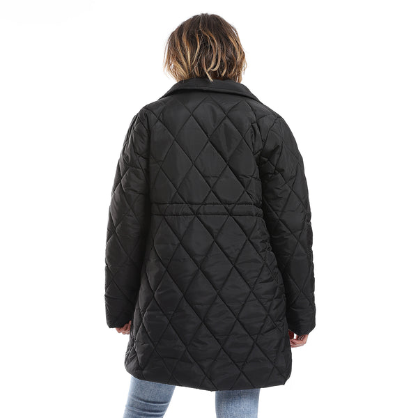 Double Breasted Button Plain Black Puffer Jacket