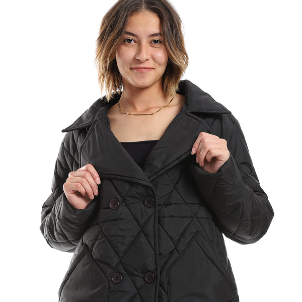 Double Breasted Button Plain Black Puffer Jacket