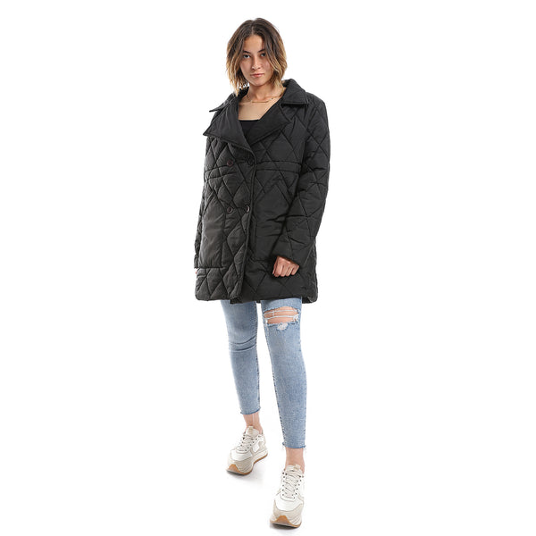 Double Breasted Button Plain Black Puffer Jacket