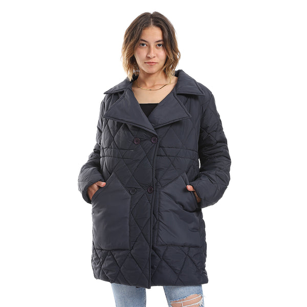 Double Breasted Button Plain Navy Blue Puffer Jacket