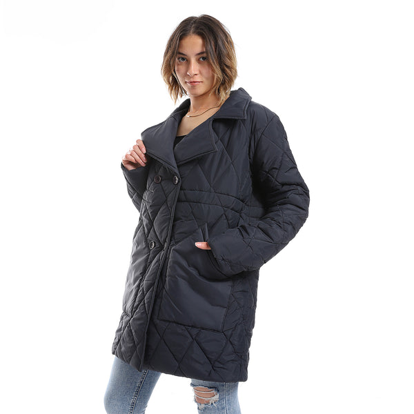 Double Breasted Button Plain Navy Blue Puffer Jacket