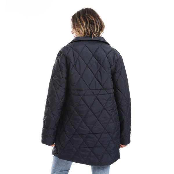 Double Breasted Button Plain Navy Blue Puffer Jacket