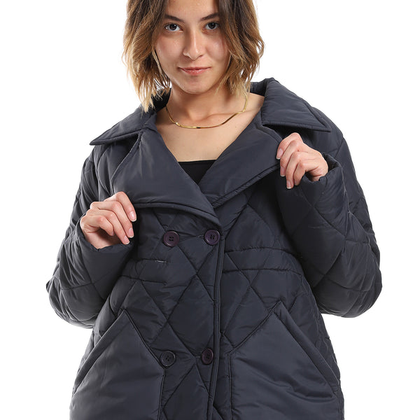 Double Breasted Button Plain Navy Blue Puffer Jacket