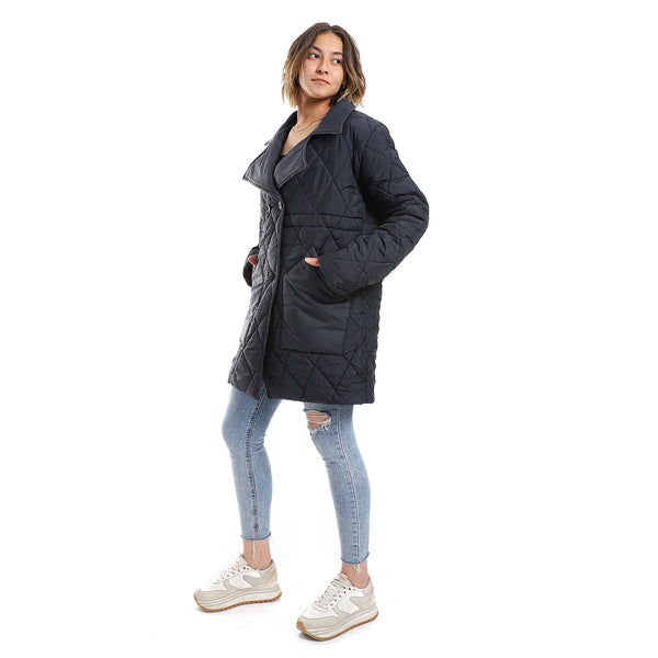 Double Breasted Button Plain Navy Blue Puffer Jacket